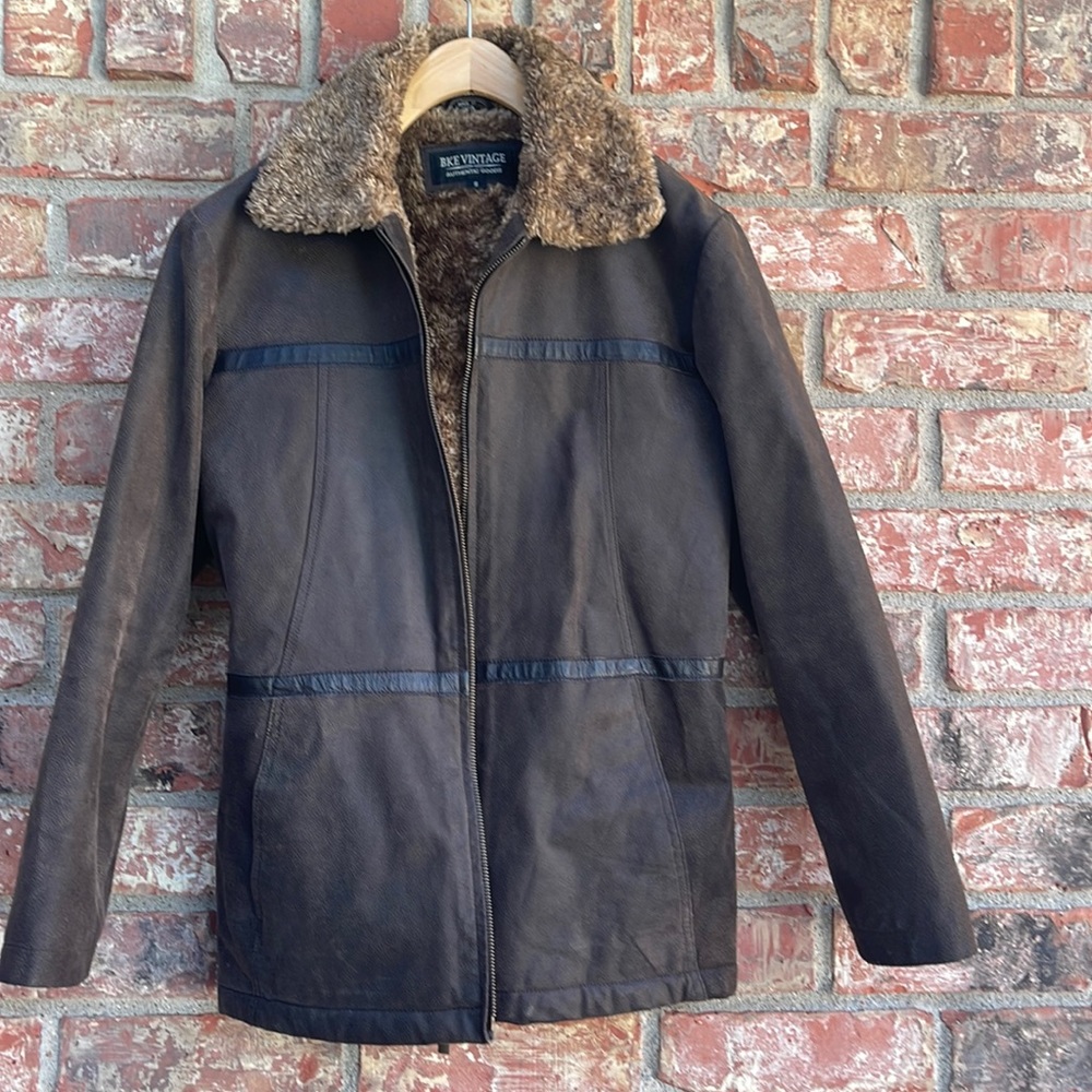 BKE Vintage leather coat with faux fur lining.